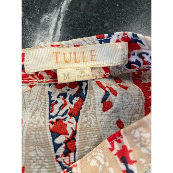 Tulle short sleeved top Medium Tan/Navy/Red colors beautiful tulle insert - Picture 3 of 14